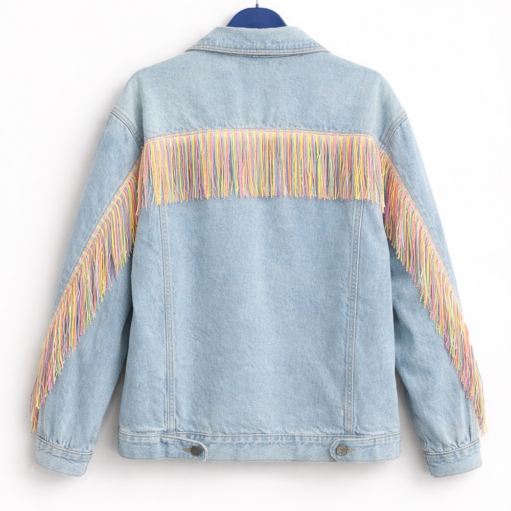 Sparrow Blue Rainbow Fringe Rare Denim Jacket Unisex Oversized Light Denim L - Picture 7 of 7